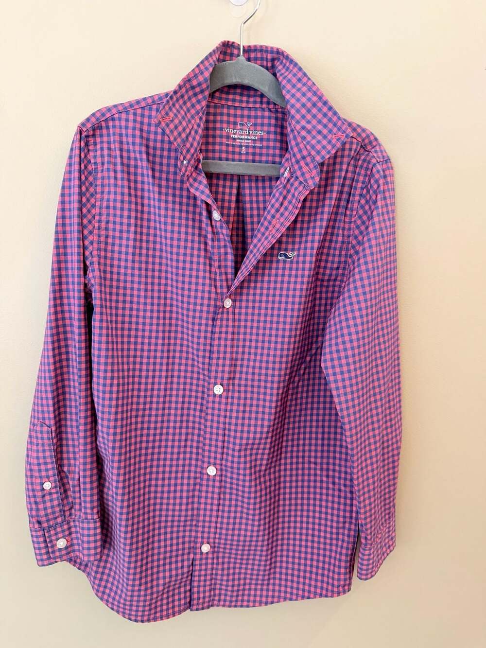 Boys Vineyard Vines Whale Shirt Performance Gingham Button-Down S (8-10)